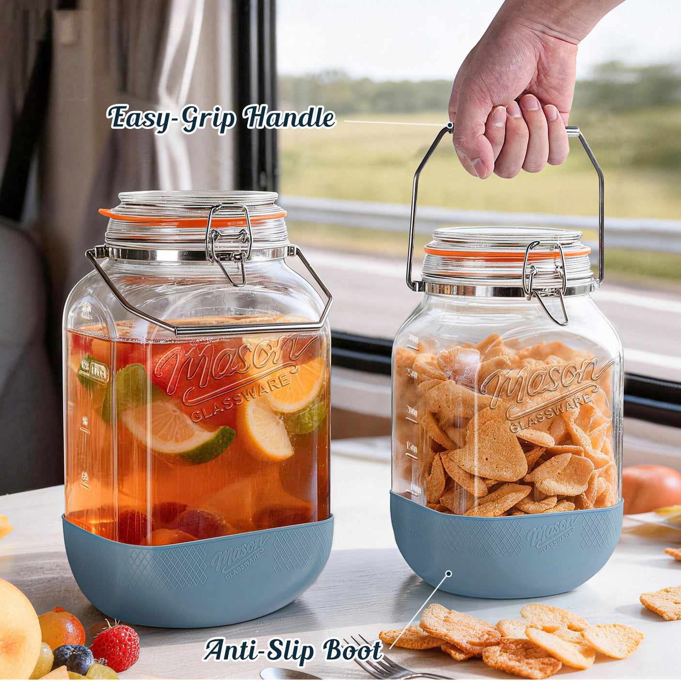 2 Pc 1 Gallon Glass Mason Jar with Silicone Anti-slip Cover & Airtight Glass Lid, Steel Removable Handle