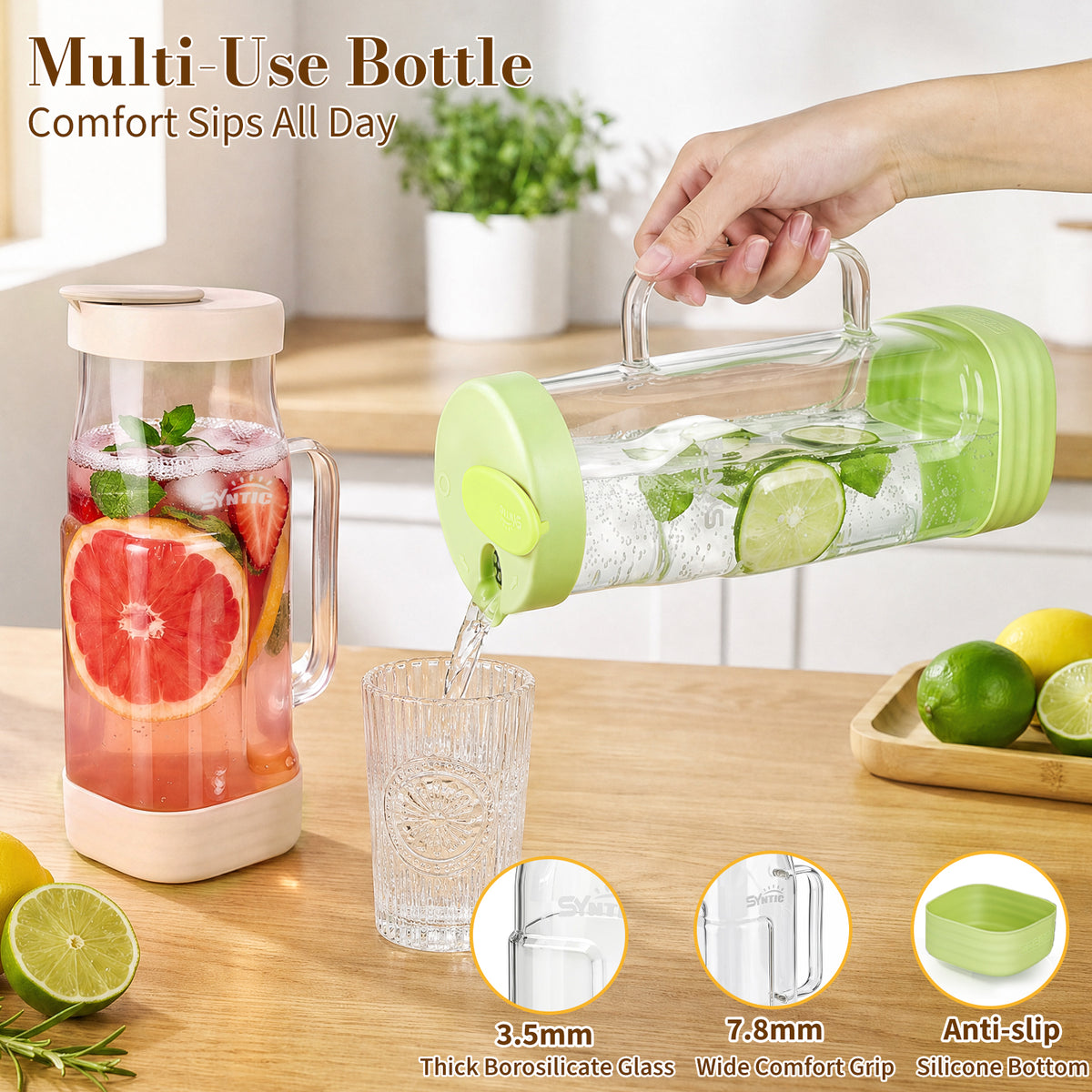 Syntic 2L Glass Pitcher with Glass Handle, Silicone Base & Dual-Pour Design Lid