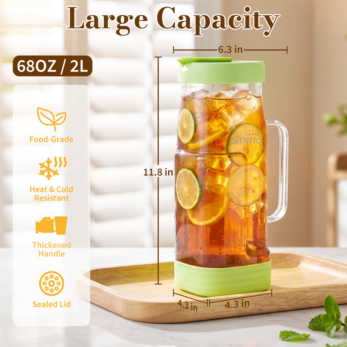 Syntic 2L Glass Pitcher with Glass Handle, Silicone Base & Dual-Pour Design Lid