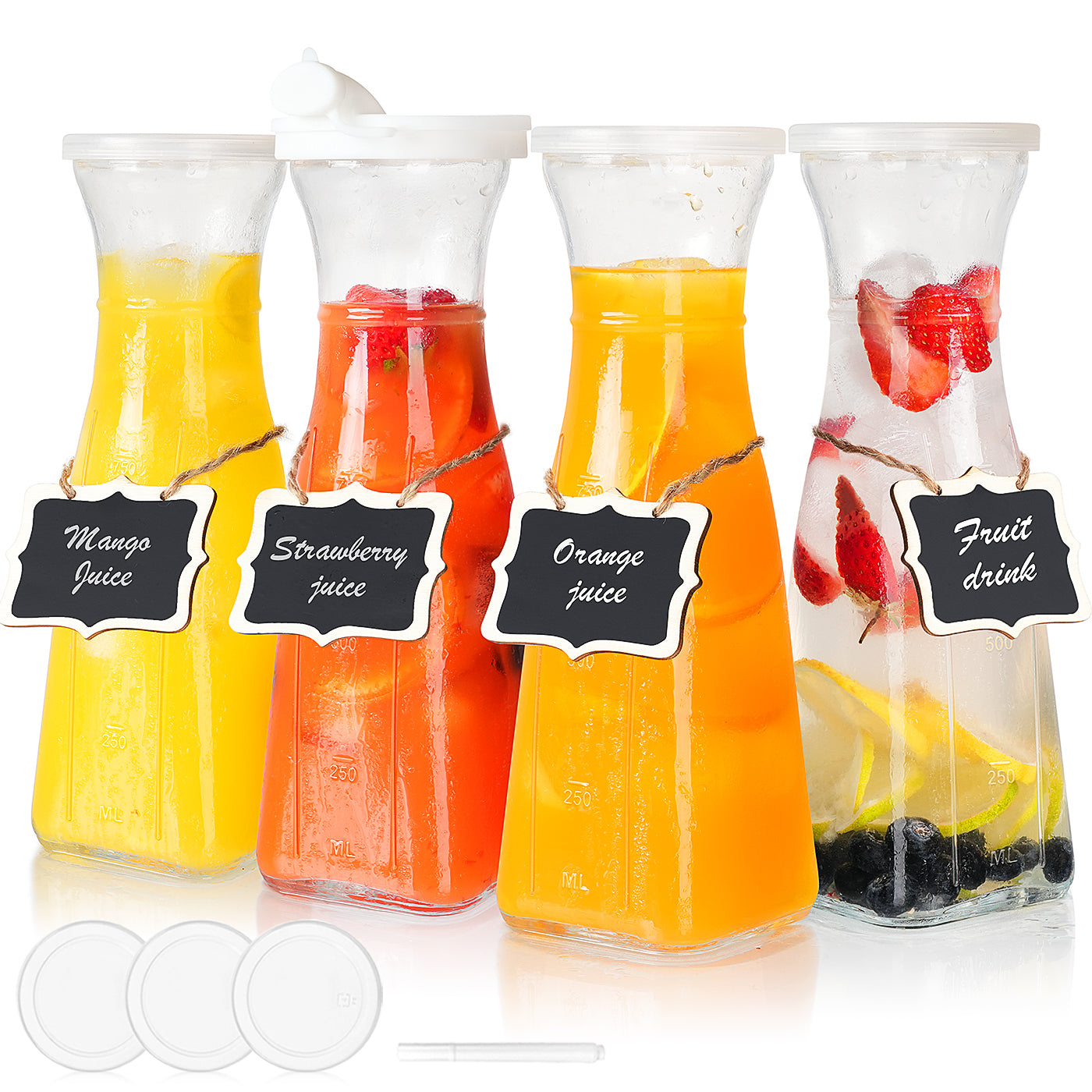 35 Oz Square Glass Carafe with 4 Lids and 2 Silicone Pour Spouts