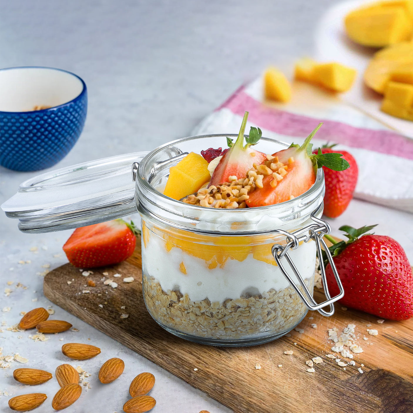 short mason jars, parfait cups with lids