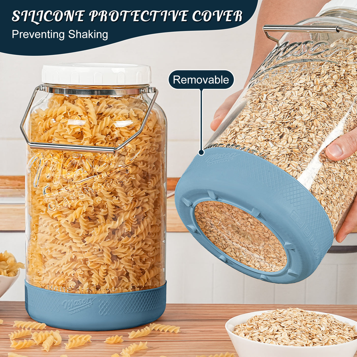 2 Pc 1.5 Gallon Storage Mason Jar with Silicone Anti-slip Cover & Airtight Lid, Steel Removable Handle