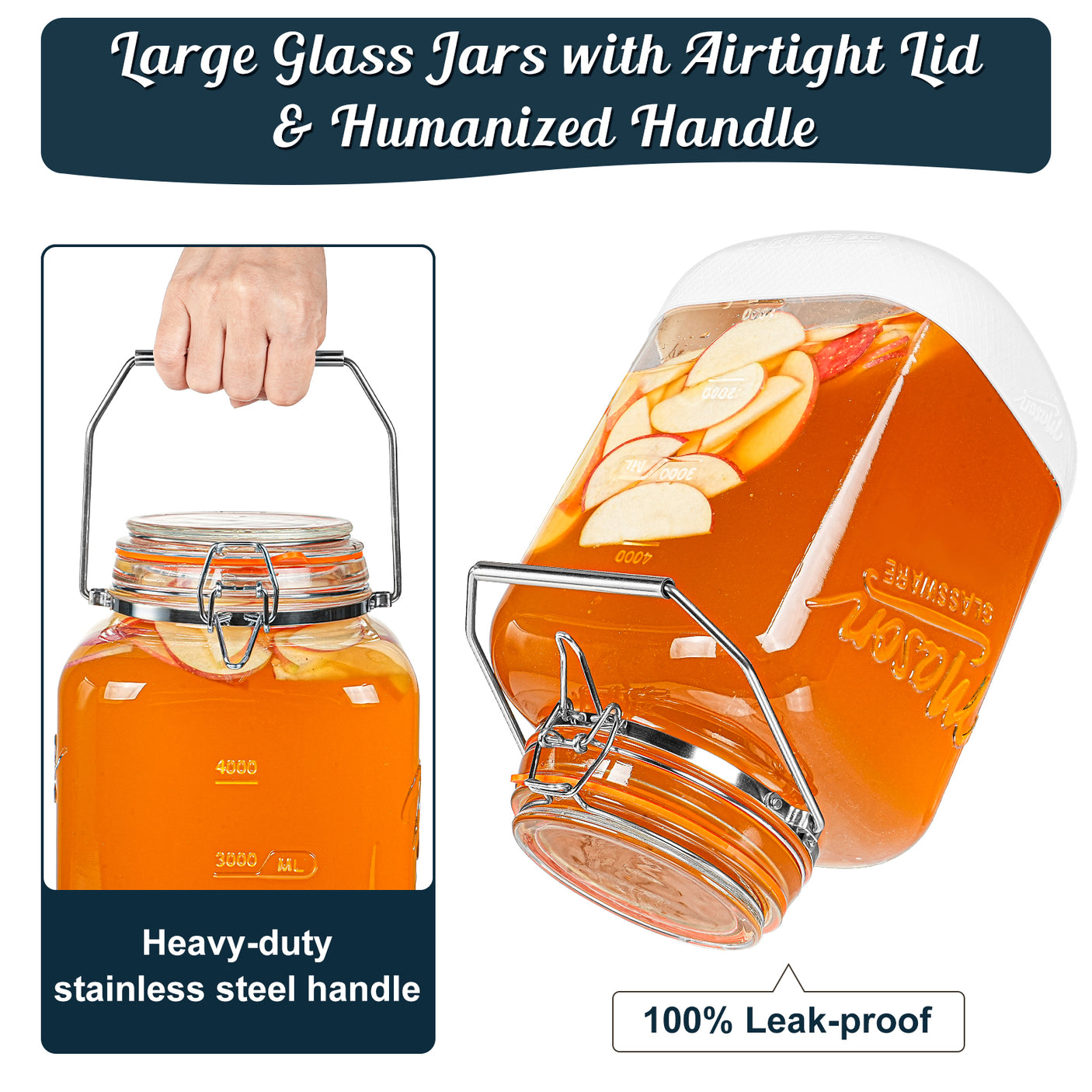 2 Pc 1 Gallon Glass Mason Jar with Silicone Anti-slip Cover & Airtight Glass Lid, Steel Removable Handle