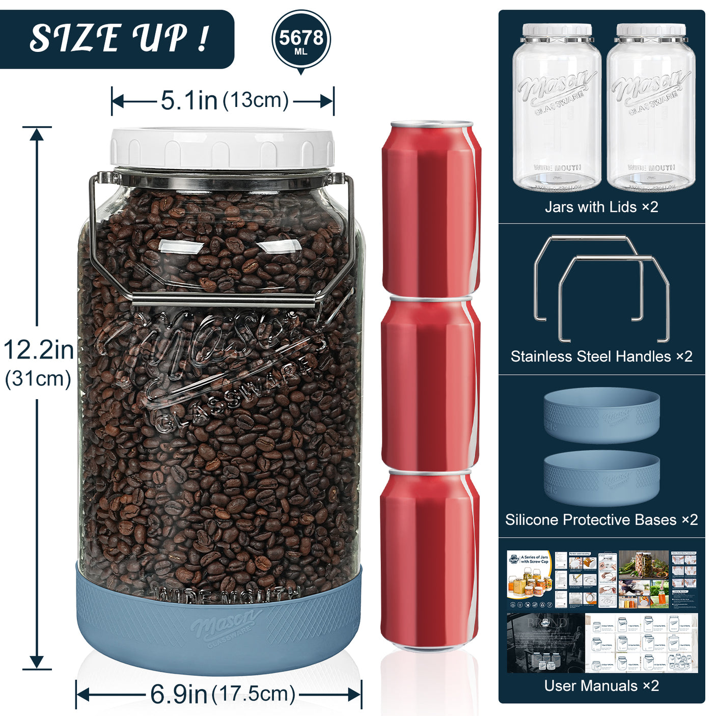 2 Pc 1.5 Gallon Storage Mason Jar with Silicone Anti-slip Cover & Airtight Lid, Steel Removable Handle