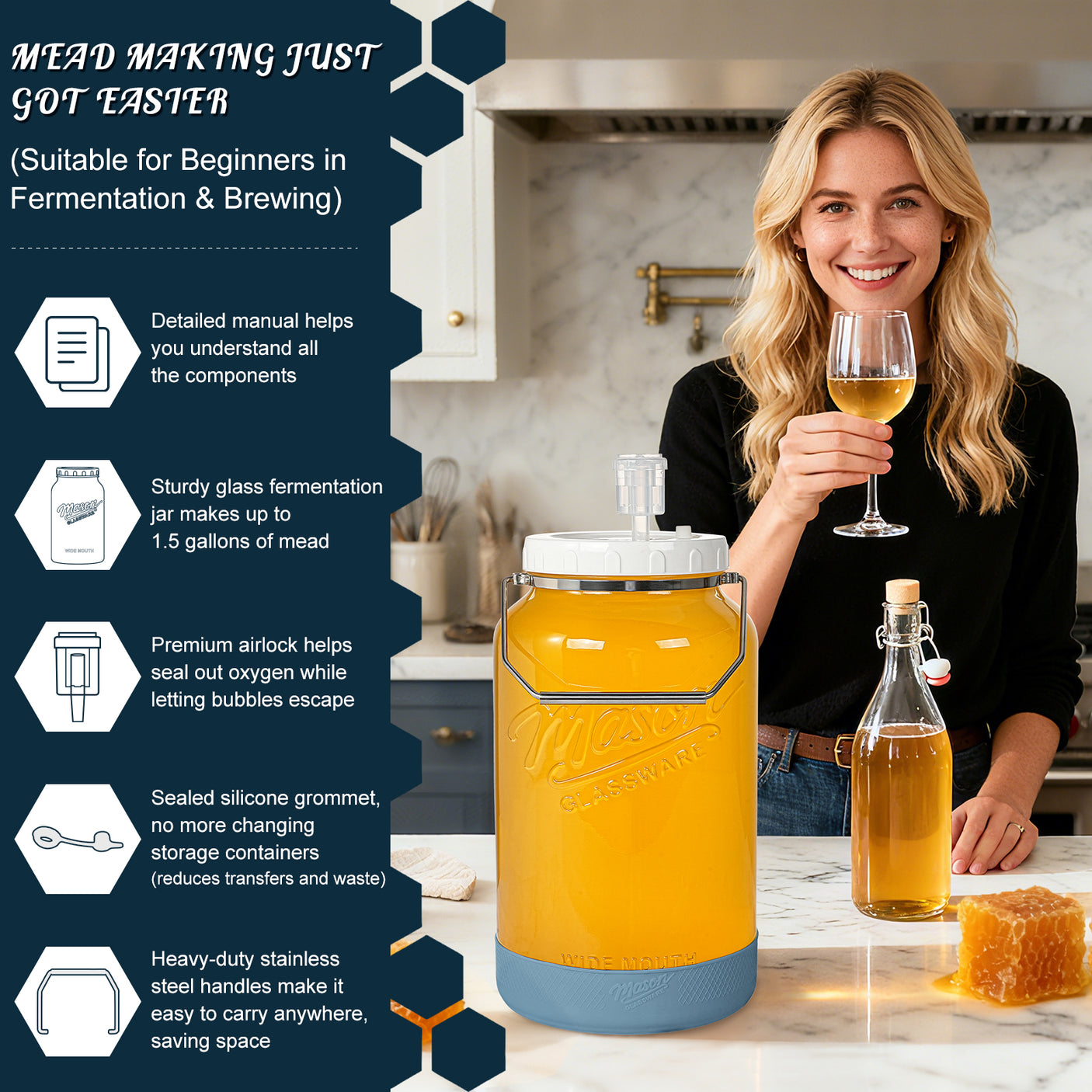 2 Pc 1.5 Gallon Fermentation Mason Jar with Silicone Anti-slip Cover & Airlocks, Steel Removable Handle