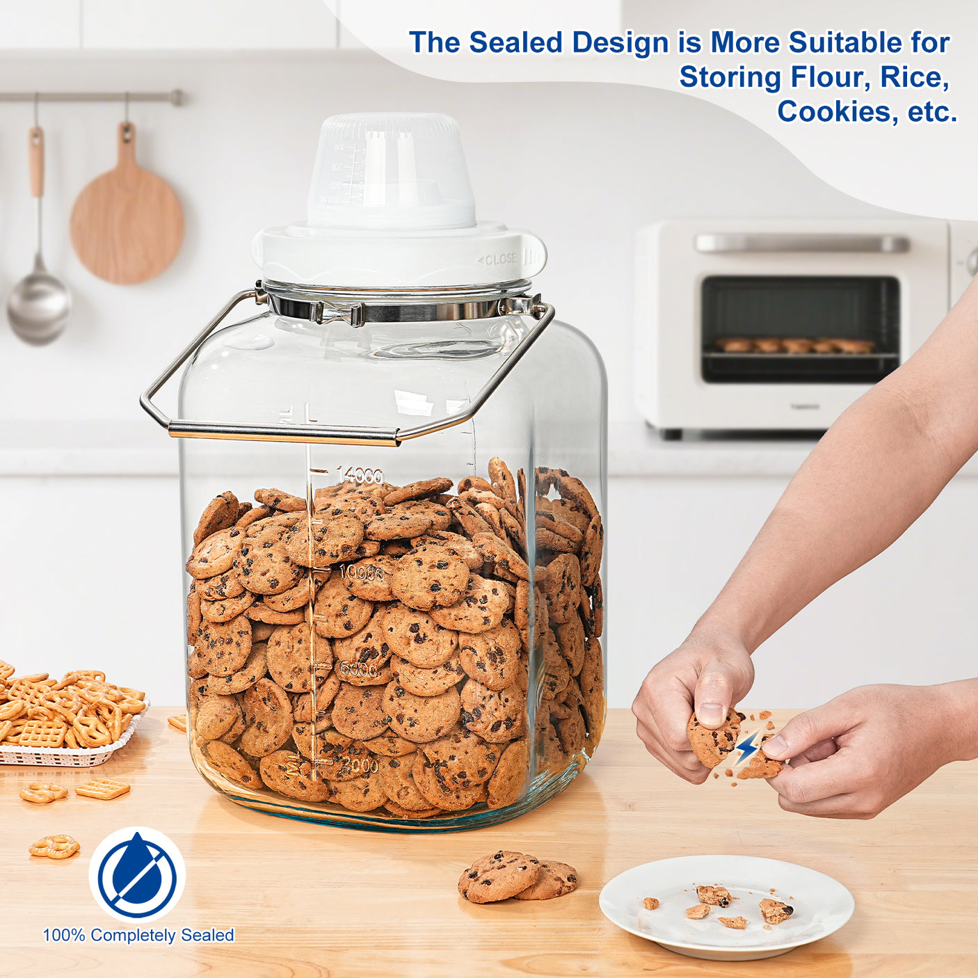 5 Gallon Wide Mouth Square Storage Glass Jar with Airtight Lid and Stainless Steel Handle