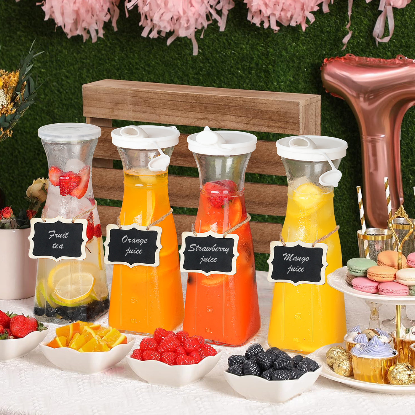 35 Oz Square Glass Carafe with 4 Lids and 2 Silicone Pour Spouts