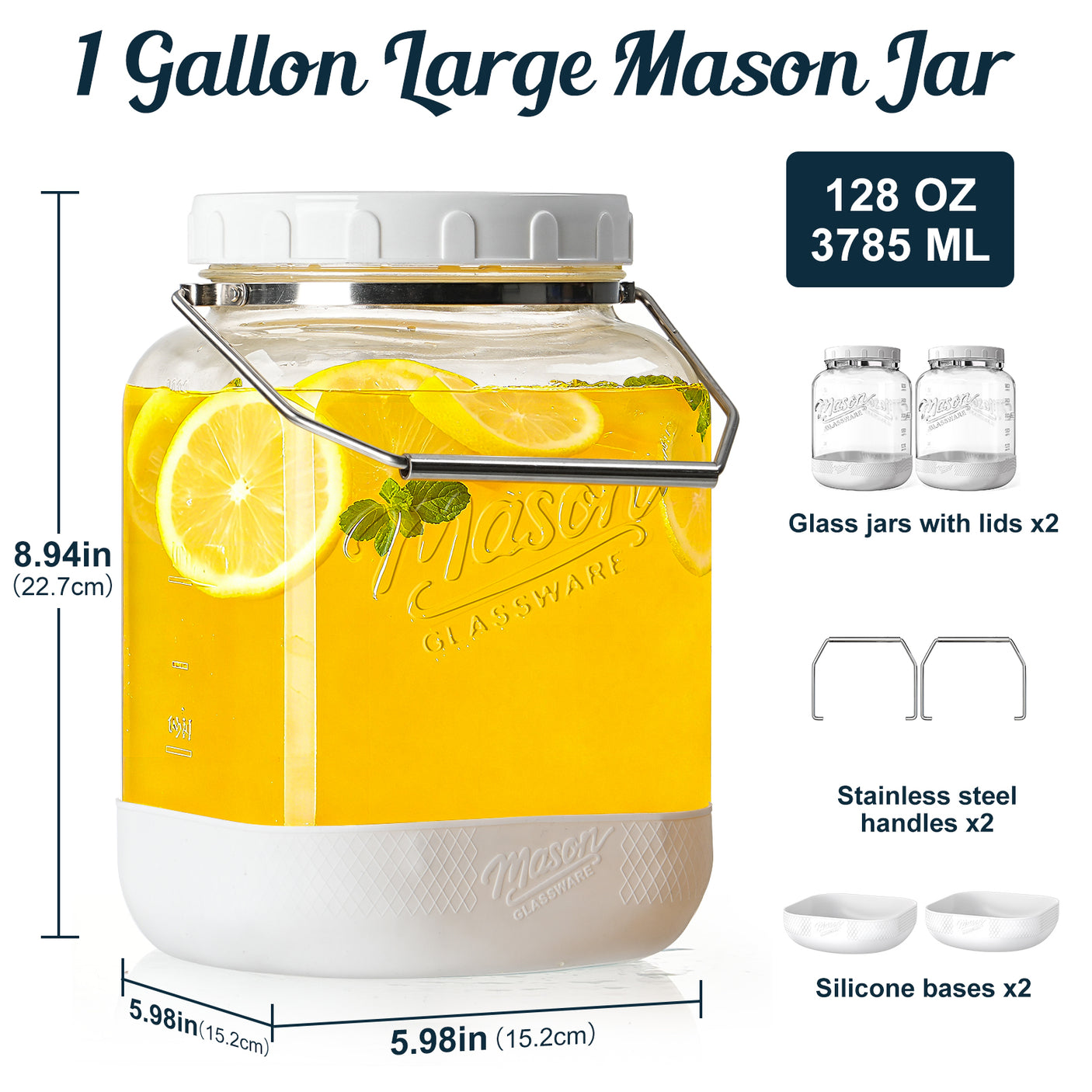 2 Pc 1 Gallon Square Mason Jar with Silicone Anti-slip Cover & Airtight Lid, Steel Removable Handle