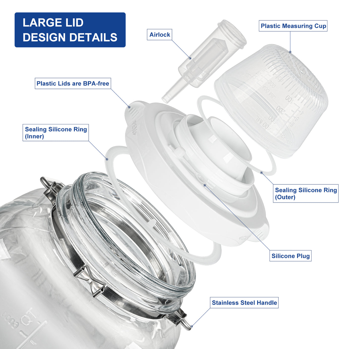 5 Gallon Super Large Fermentation Jars with 2 Airlocks and Stainless Handles