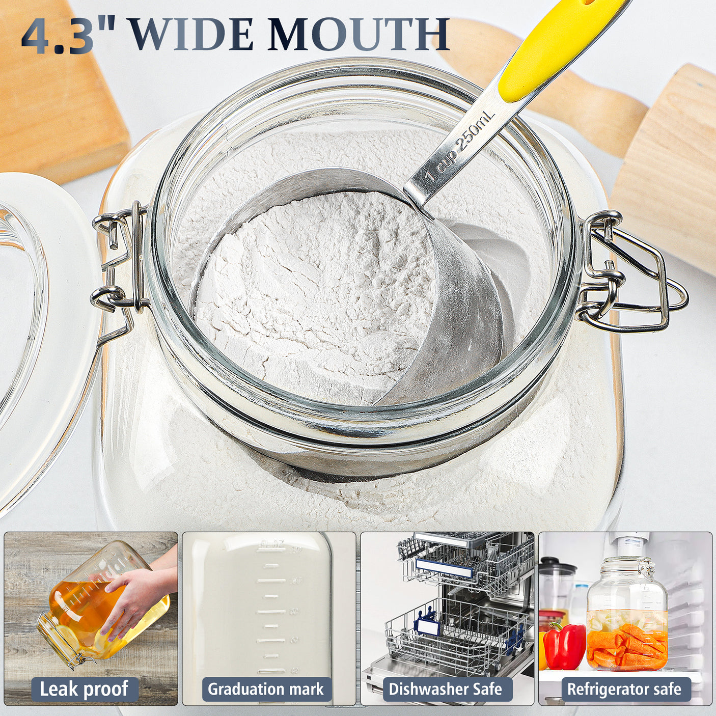 1 Pc 1 Gallon Square Super Wide-Mouth Glass Jars with Airtight Glass Lid