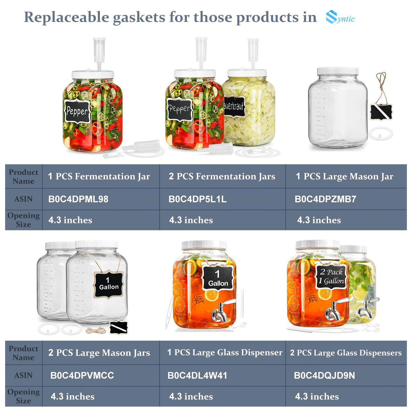 6 Pcs Replacement Silicone Gaskets for Gallon Glass Jars with Screw-on Top Lid, Leak Proof Rubber Seals