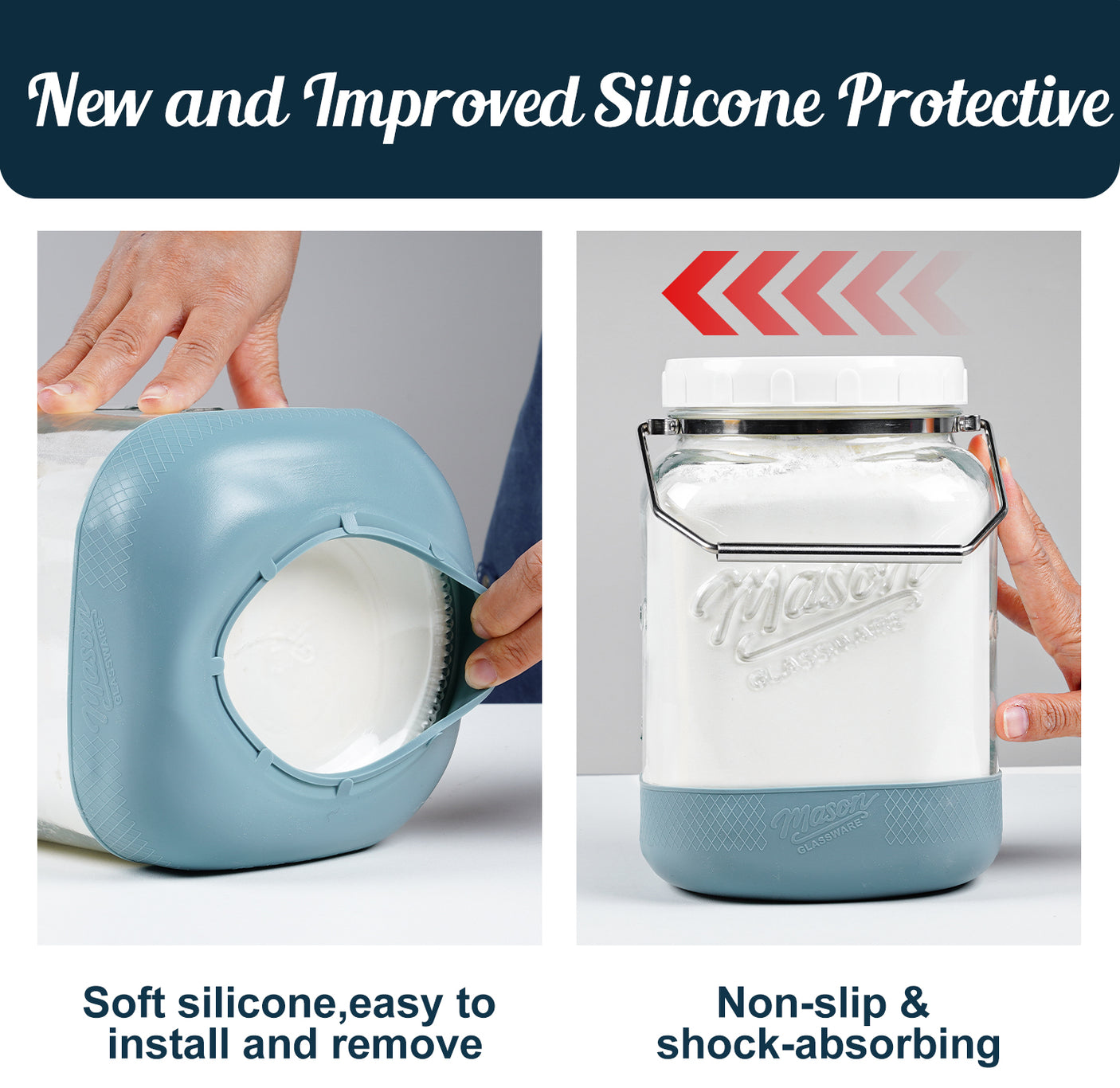 2 Pc 1 Gallon Square Mason Jar with Silicone Anti-slip Cover & Airtight Lid, Steel Removable Handle