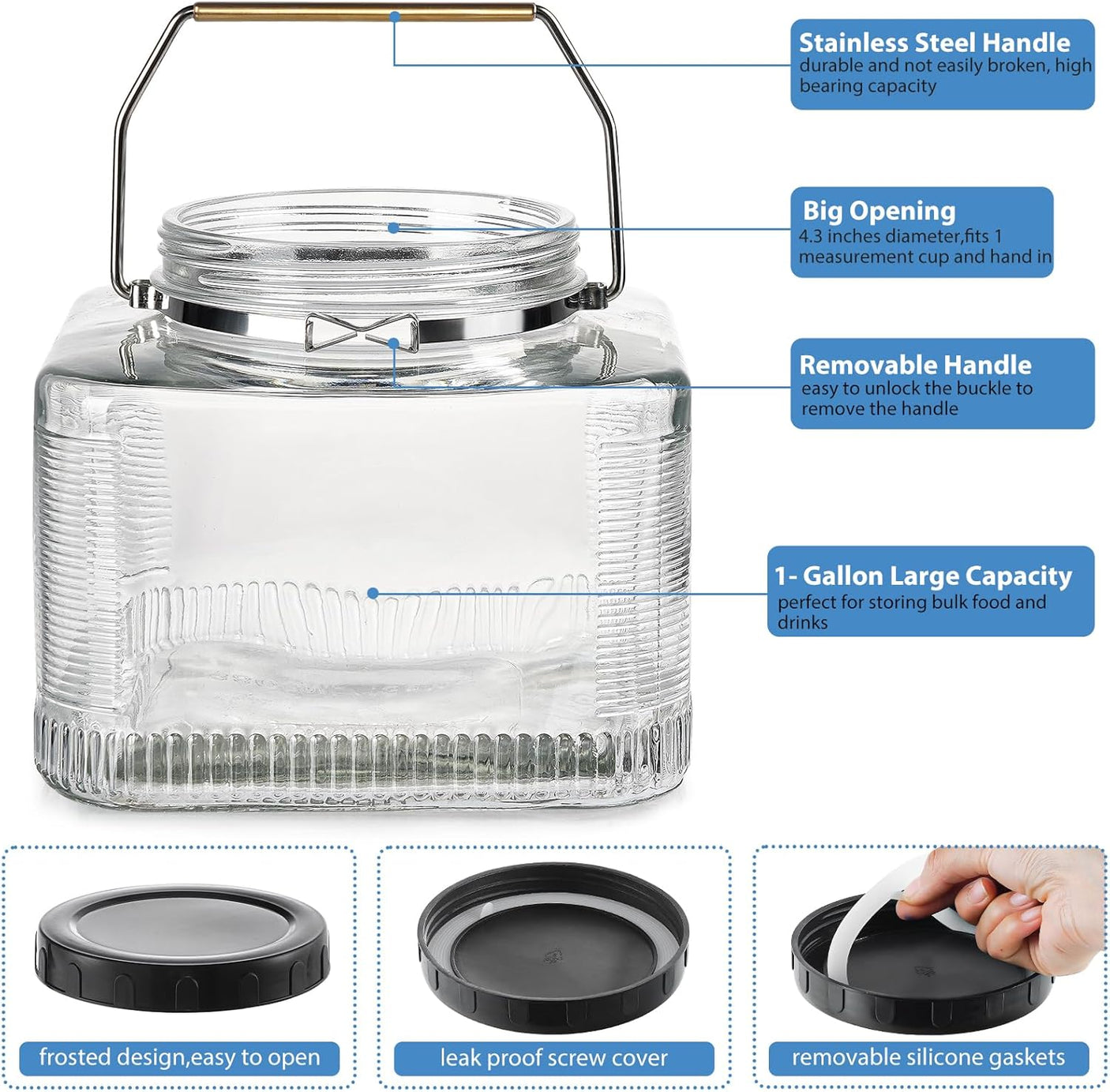 2 Pcs 1 Gallon Square Glass Jar with Airtight Scerw Lids