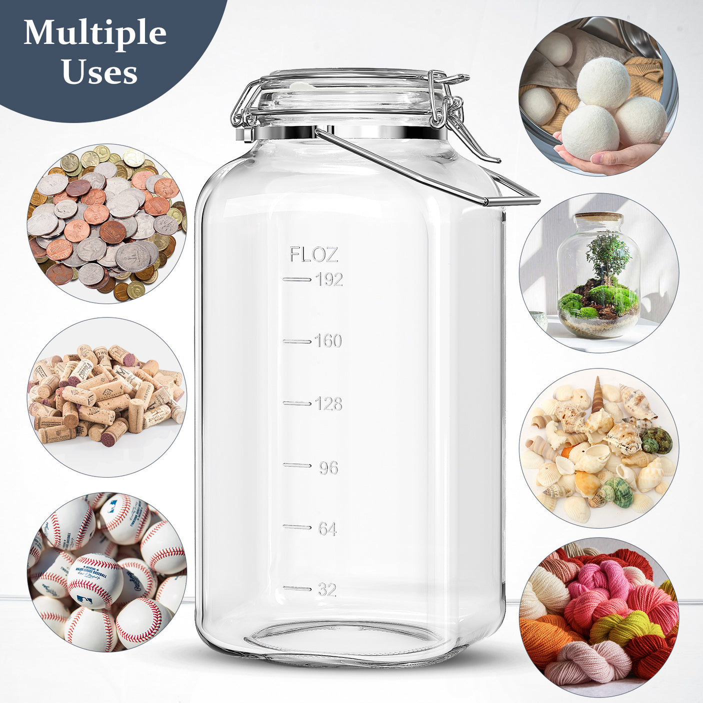 1 Gallon Super Large Glass Jar with Airtight Glass Lid, Stainless Steel Handle