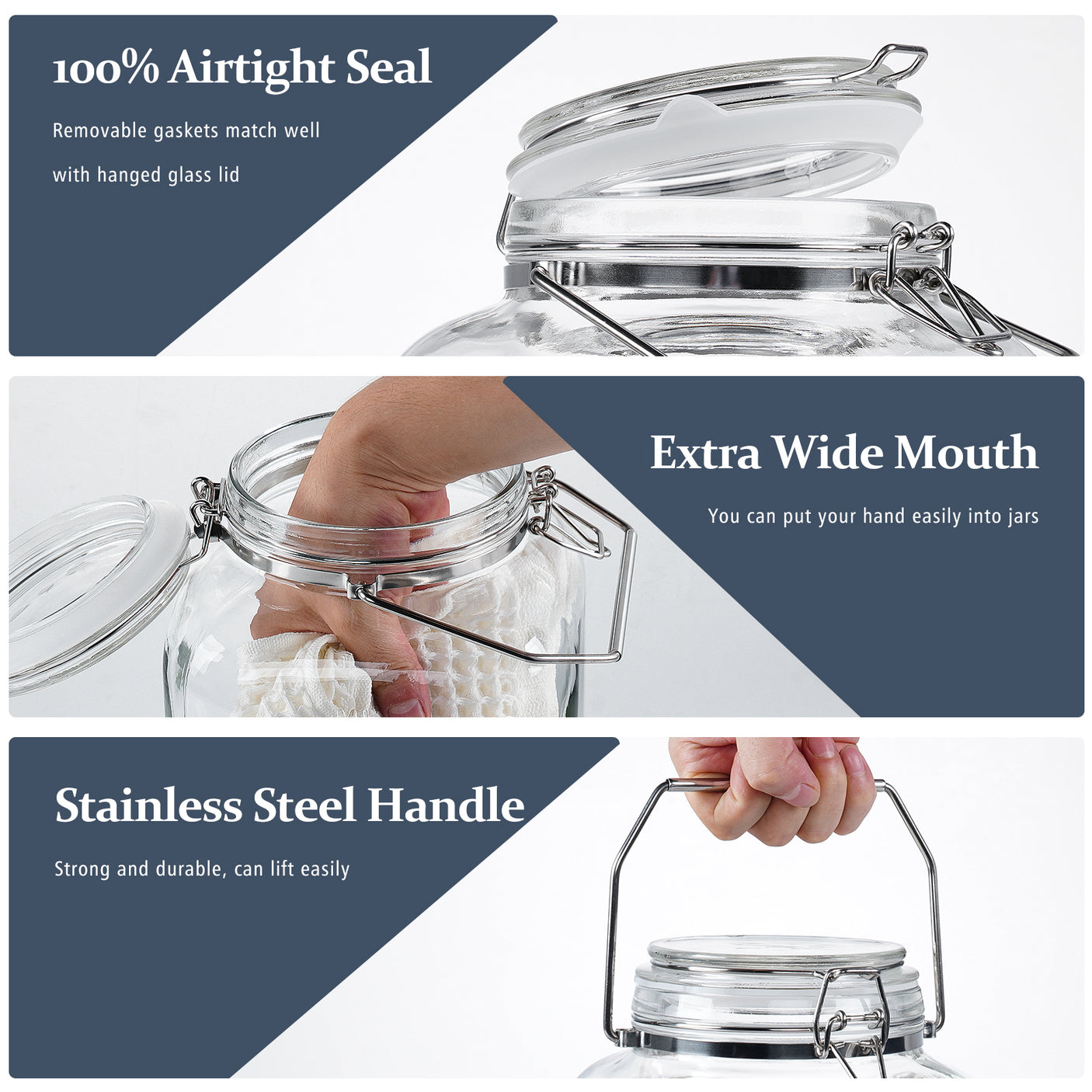 1 Gallon Super Large Glass Jar with Airtight Glass Lid, Stainless Steel Handle