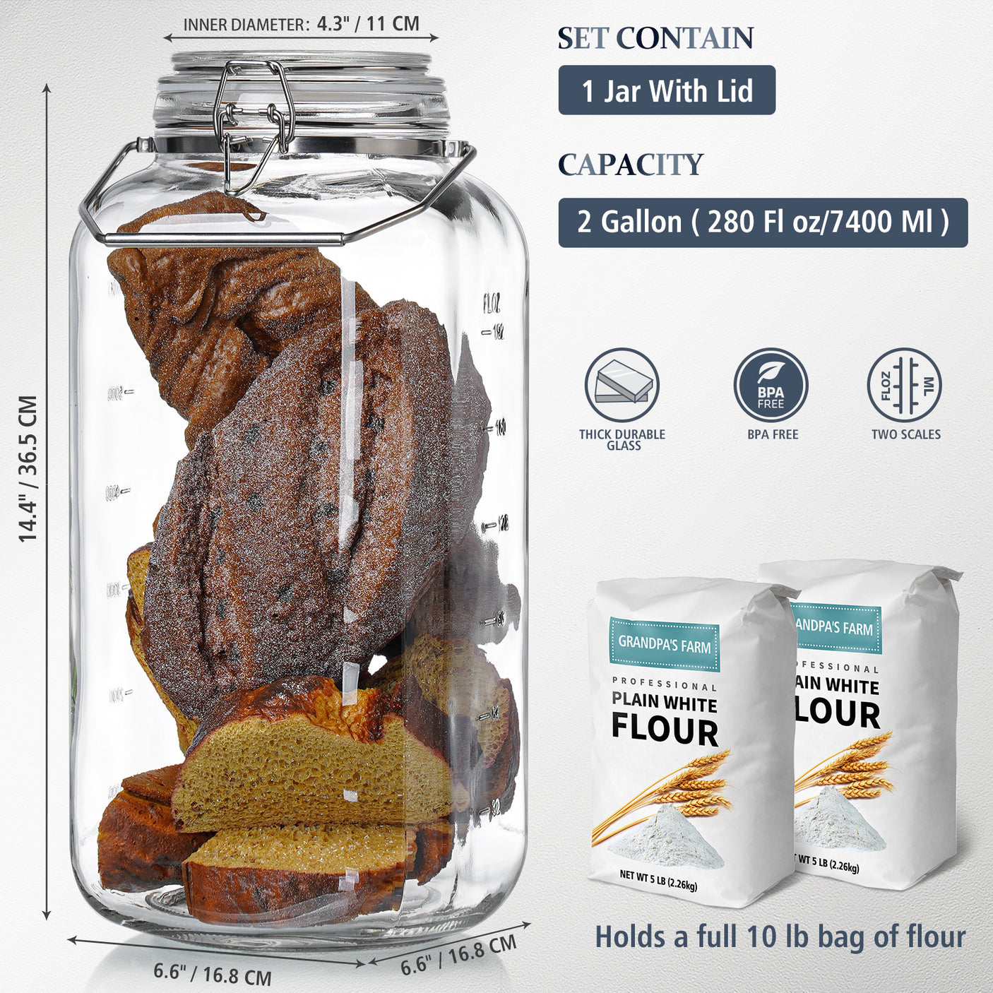 1 Gallon Super Large Glass Jar with Airtight Glass Lid, Stainless Steel Handle