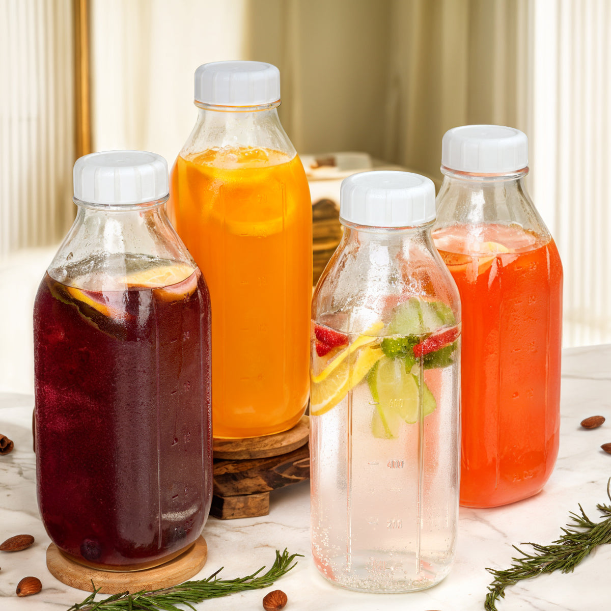 32 Oz Glass Milk Juice Bottles with Pour Spout, Scale Mark