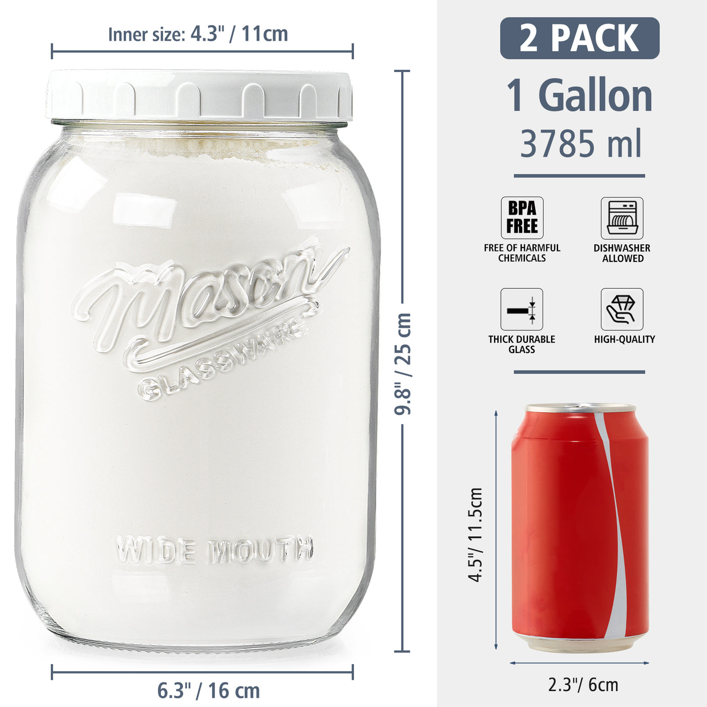 2 Pcs 1 Gallon Super Large Mason Jar with Airtight Screw Lid