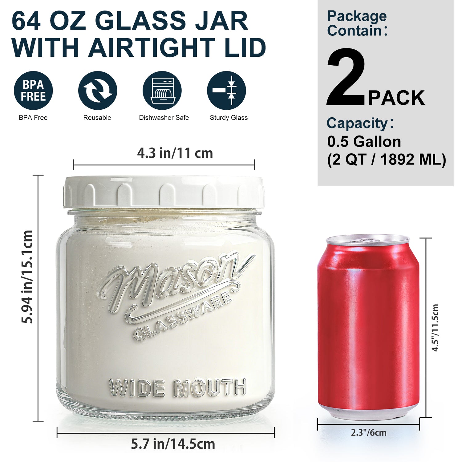 2 Pc 64oz Storage Mason Jar with Airtight Screw Lid