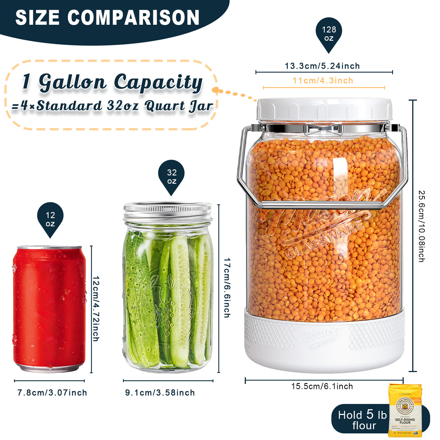 2 Pc 1 Gallon Glass Mason Jar with Silicone Anti-slip Cover & Airtight Lid, Steel Removable Handle