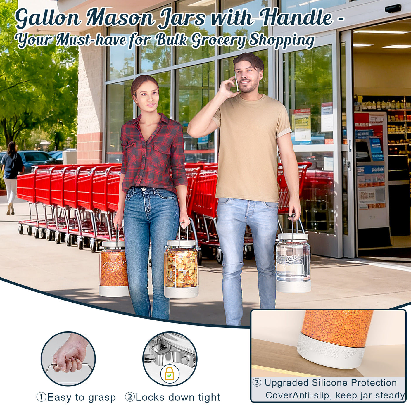 2 Pc 1 Gallon Glass Mason Jar with Silicone Anti-slip Cover & Airtight Lid, Steel Removable Handle