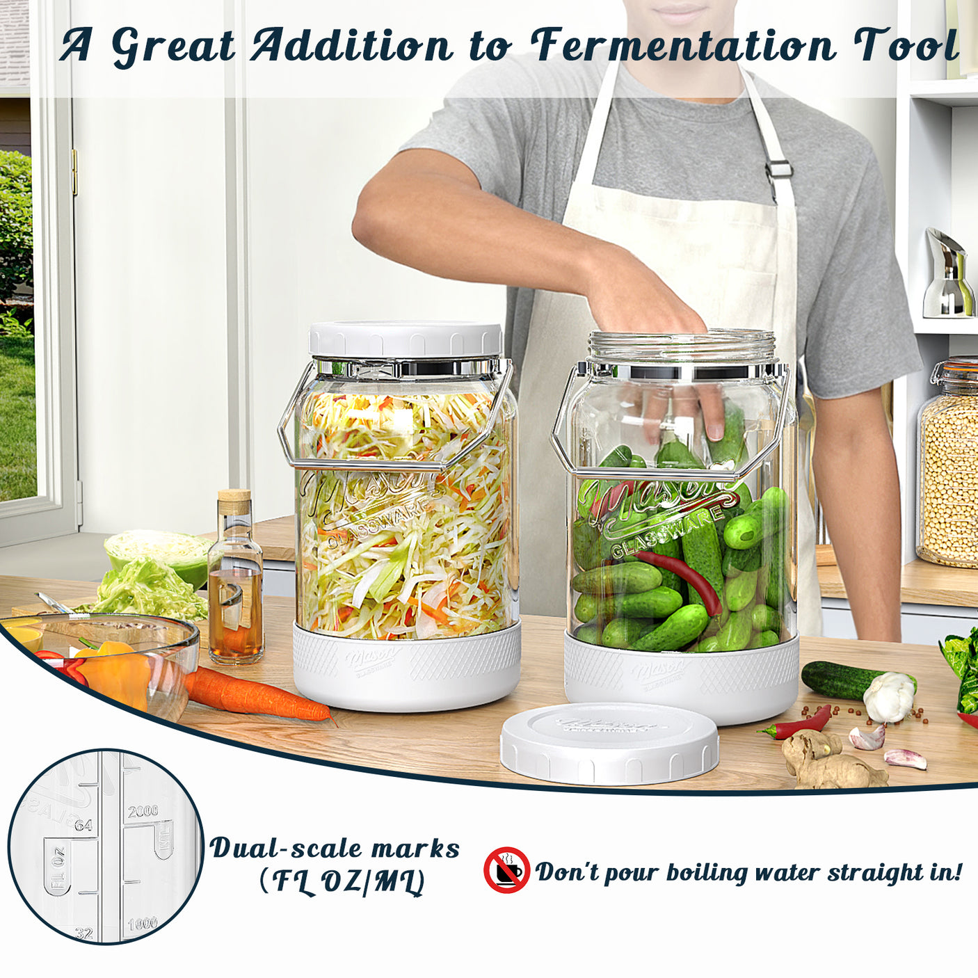 2 Pc 1 Gallon Glass Mason Jar with Silicone Anti-slip Cover & Airtight Lid, Steel Removable Handle