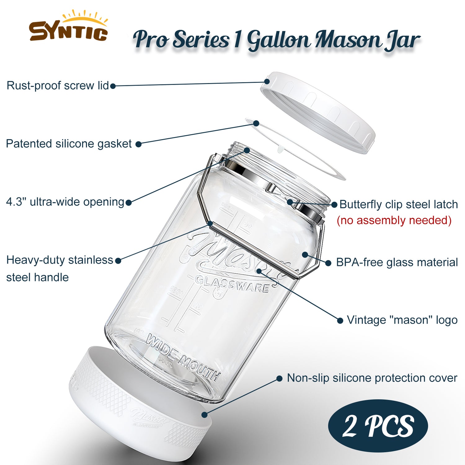 2 Pc 1 Gallon Glass Mason Jar with Silicone Anti-slip Cover & Airtight Lid, Steel Removable Handle