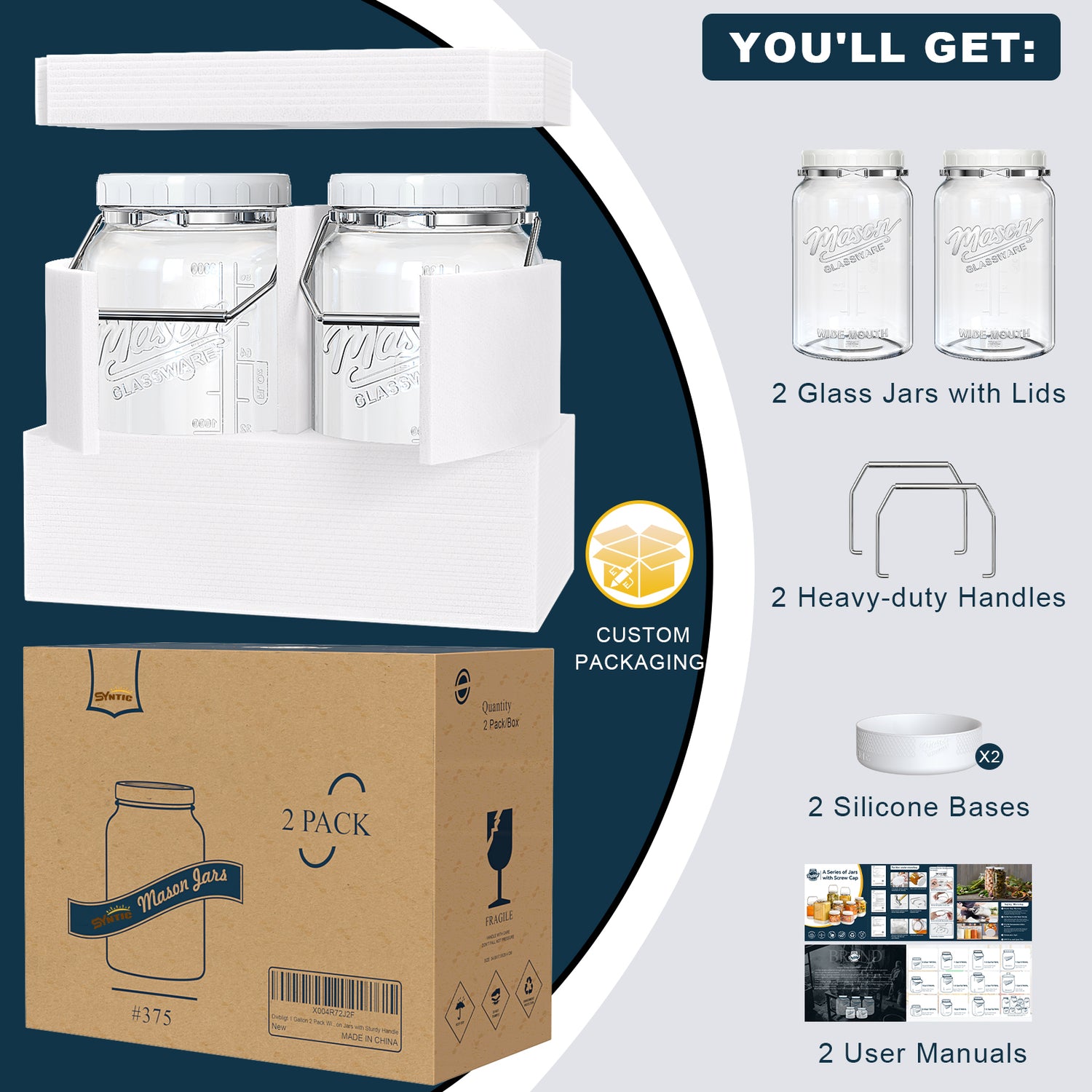 2 Pc 1 Gallon Glass Mason Jar with Silicone Anti-slip Cover & Airtight Lid, Steel Removable Handle