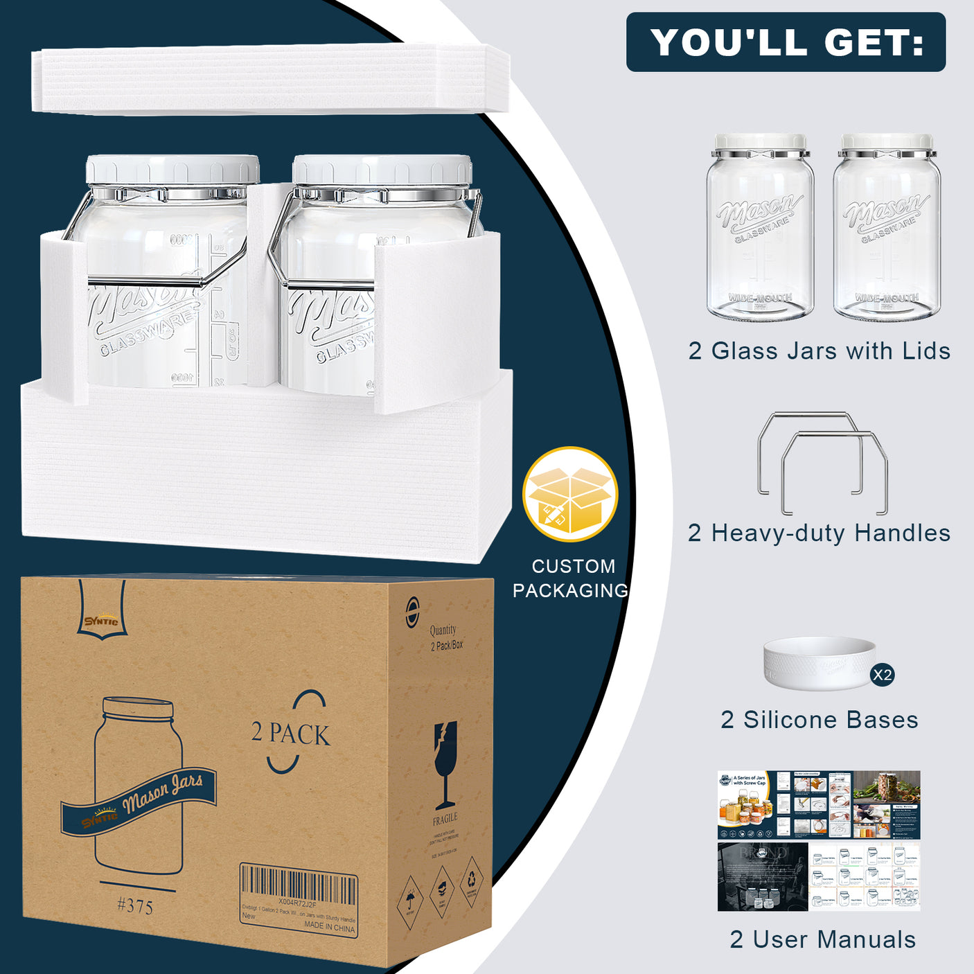 2 Pc 1 Gallon Glass Mason Jar with Silicone Anti-slip Cover & Airtight Lid, Steel Removable Handle