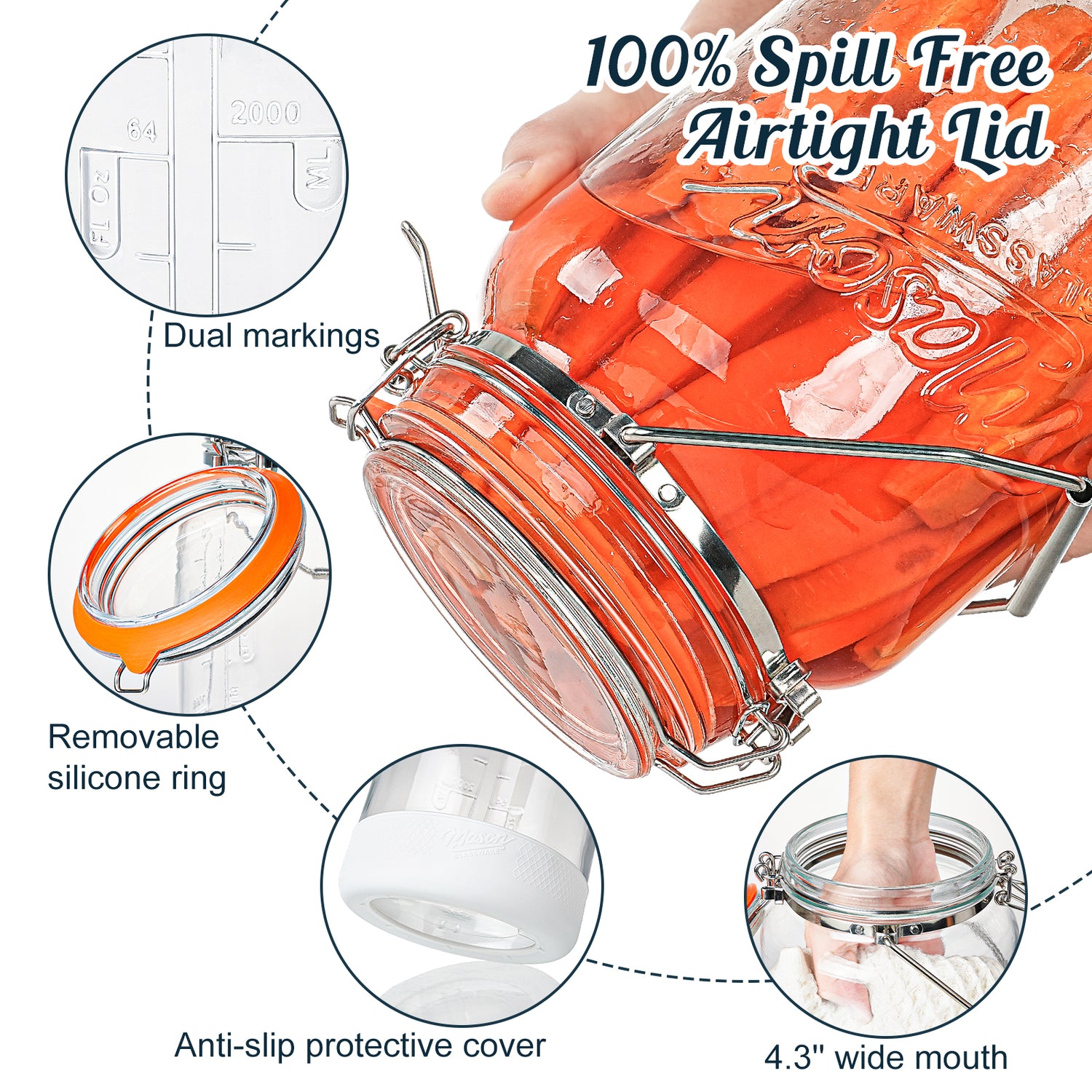 2 Pc 1 Gallon Glass Mason Jar with Silicone Anti-slip Cover & Airtight Glass Lid, Steel Removable Handle