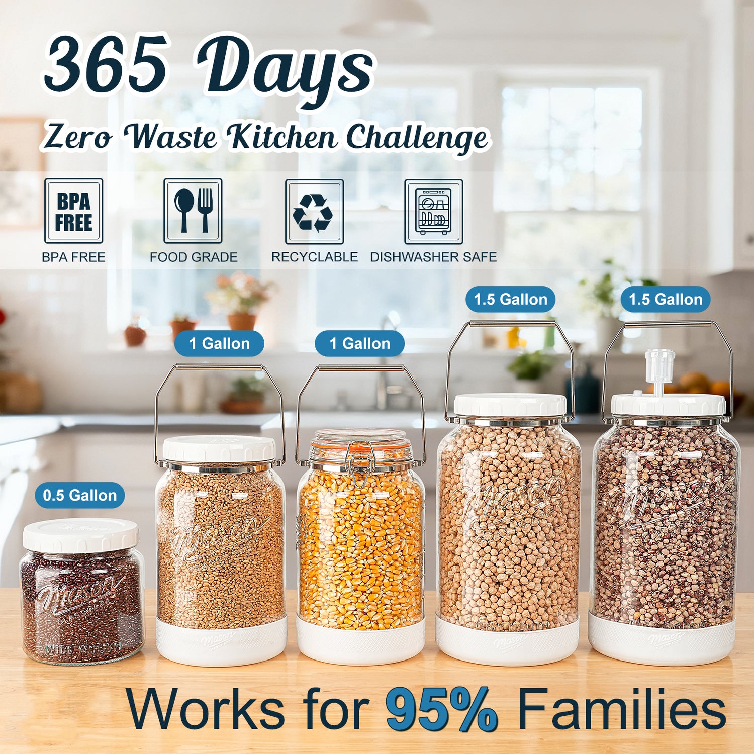 2 Pc 1 Gallon Glass Mason Jar with Silicone Anti-slip Cover & Airtight Glass Lid, Steel Removable Handle