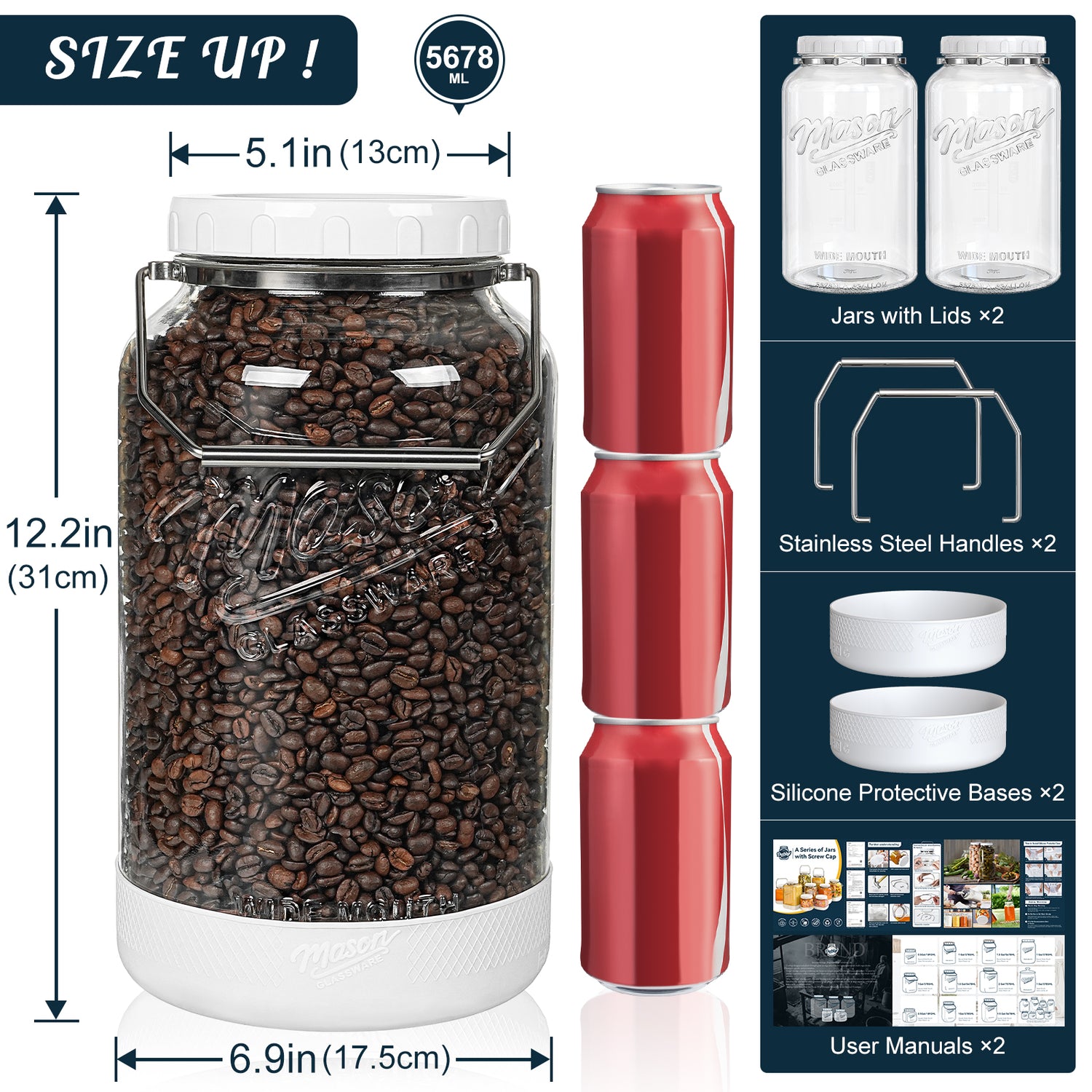 2 Pc 1.5 Gallon Storage Mason Jar with Silicone Anti-slip Cover & Airtight Lid, Steel Removable Handle