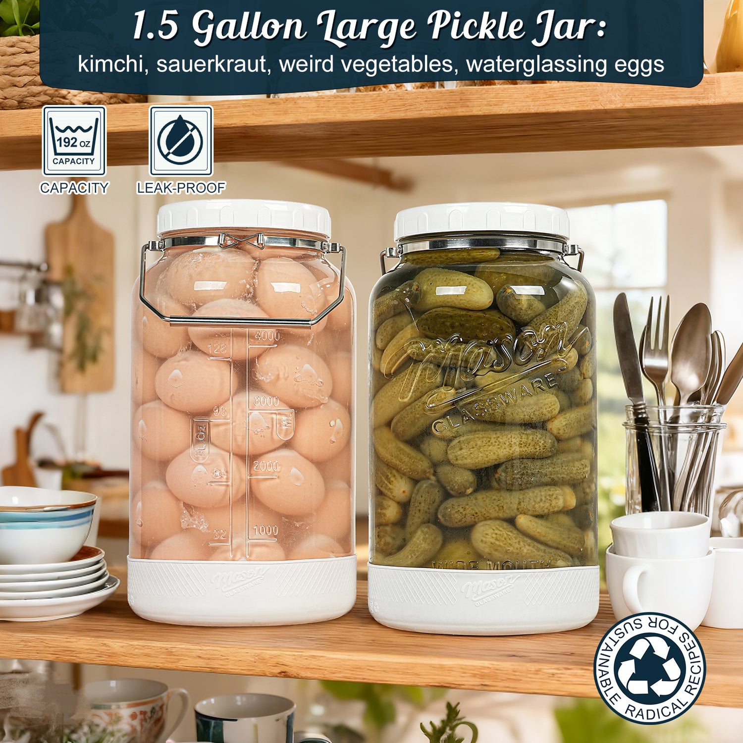 2 Pc 1.5 Gallon Storage Mason Jar with Silicone Anti-slip Cover & Airtight Lid, Steel Removable Handle