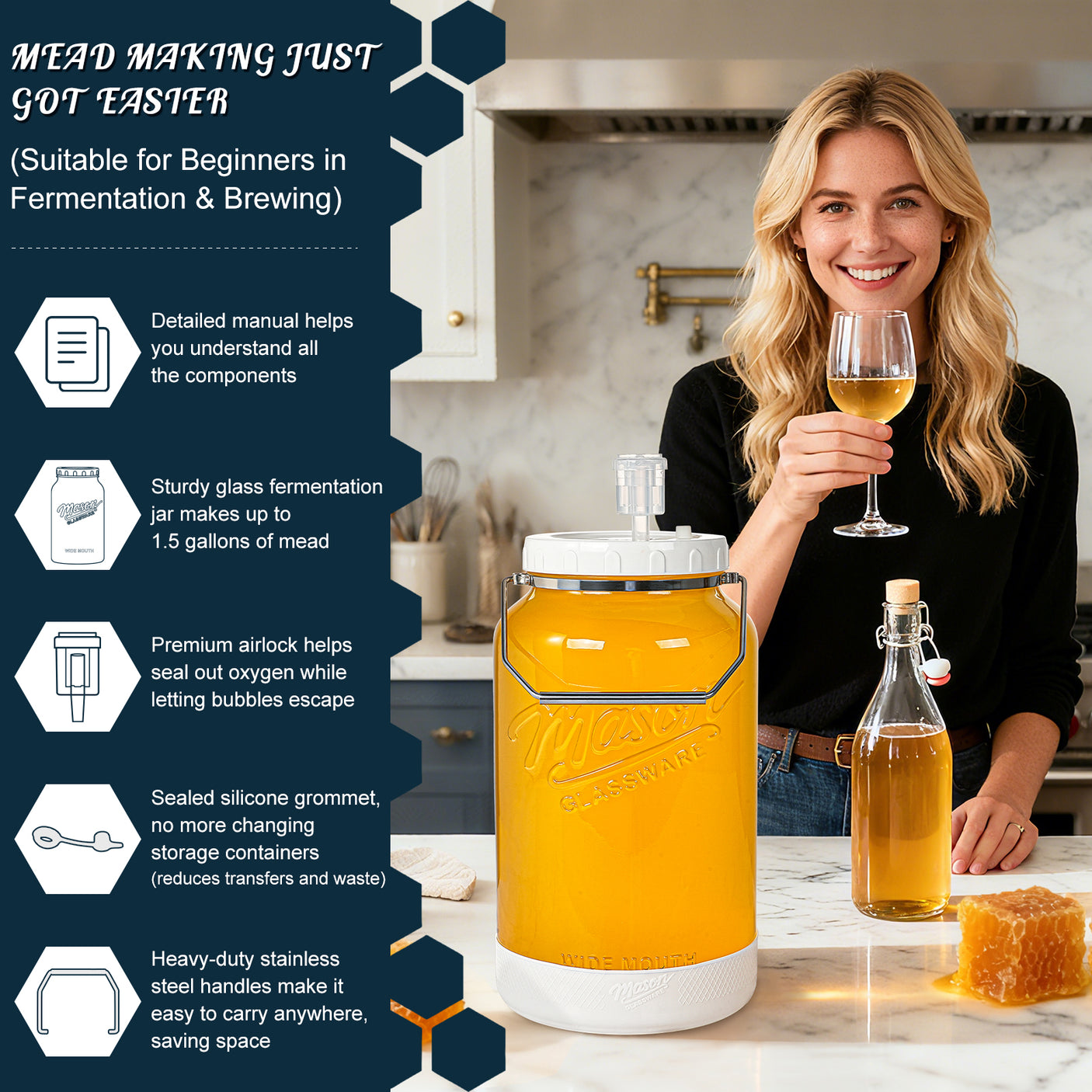 2 Pc 1.5 Gallon Fermentation Mason Jar with Silicone Anti-slip Cover & Airlocks, Steel Removable Handle