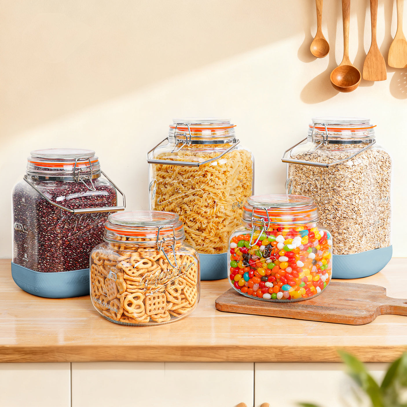 2 Pc 1 Gallon Glass Mason Jar with Silicone Anti-slip Cover & Airtight Glass Lid, Steel Removable Handle