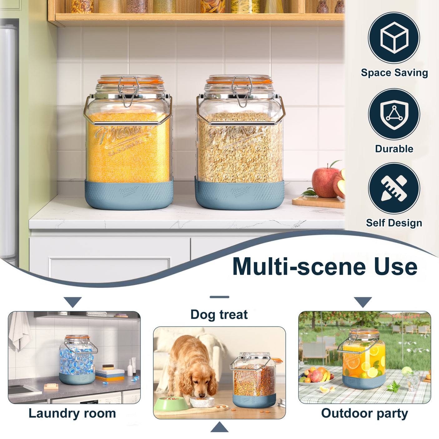 2 Pc 1 Gallon Glass Mason Jar with Silicone Anti-slip Cover & Airtight Glass Lid, Steel Removable Handle