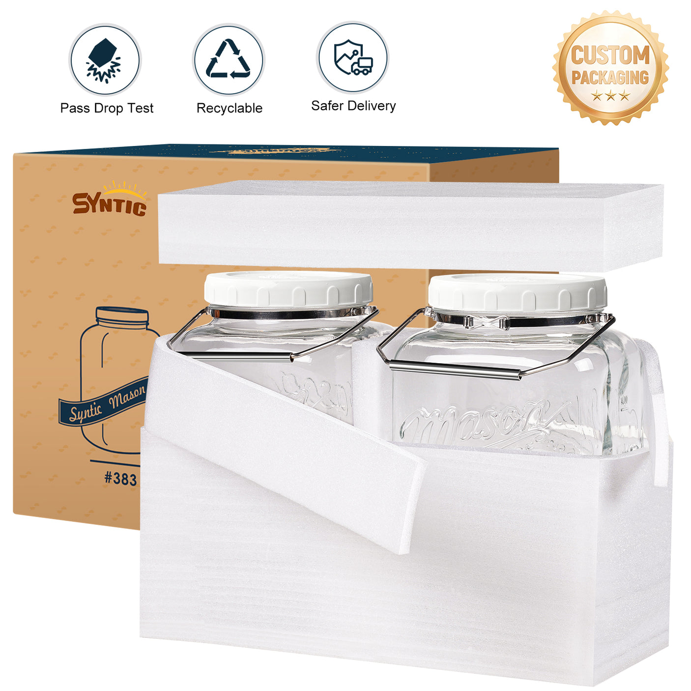 2 Pc 1.5 Gallon Square Mason Jar with Silicone Anti-slip Cover & Airtight Lid, Steel Removable Handle