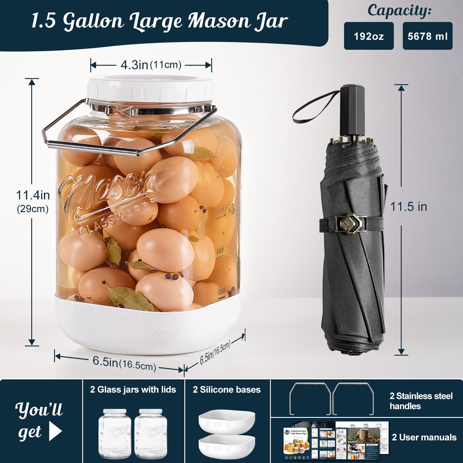 2 Pc 1.5 Gallon Square Mason Jar with Silicone Anti-slip Cover & Airtight Lid, Steel Removable Handle