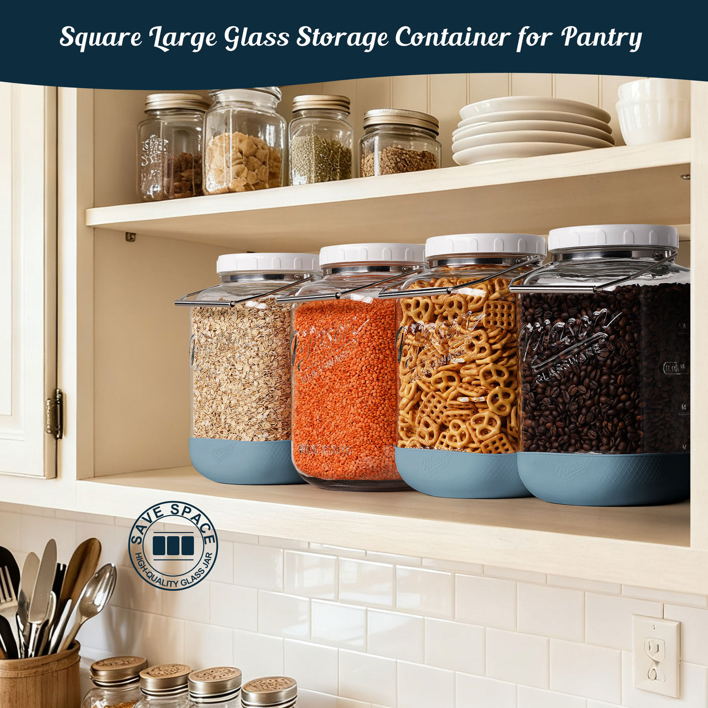 2 Pc 1.5 Gallon Square Mason Jar with Silicone Anti-slip Cover & Airtight Lid, Steel Removable Handle