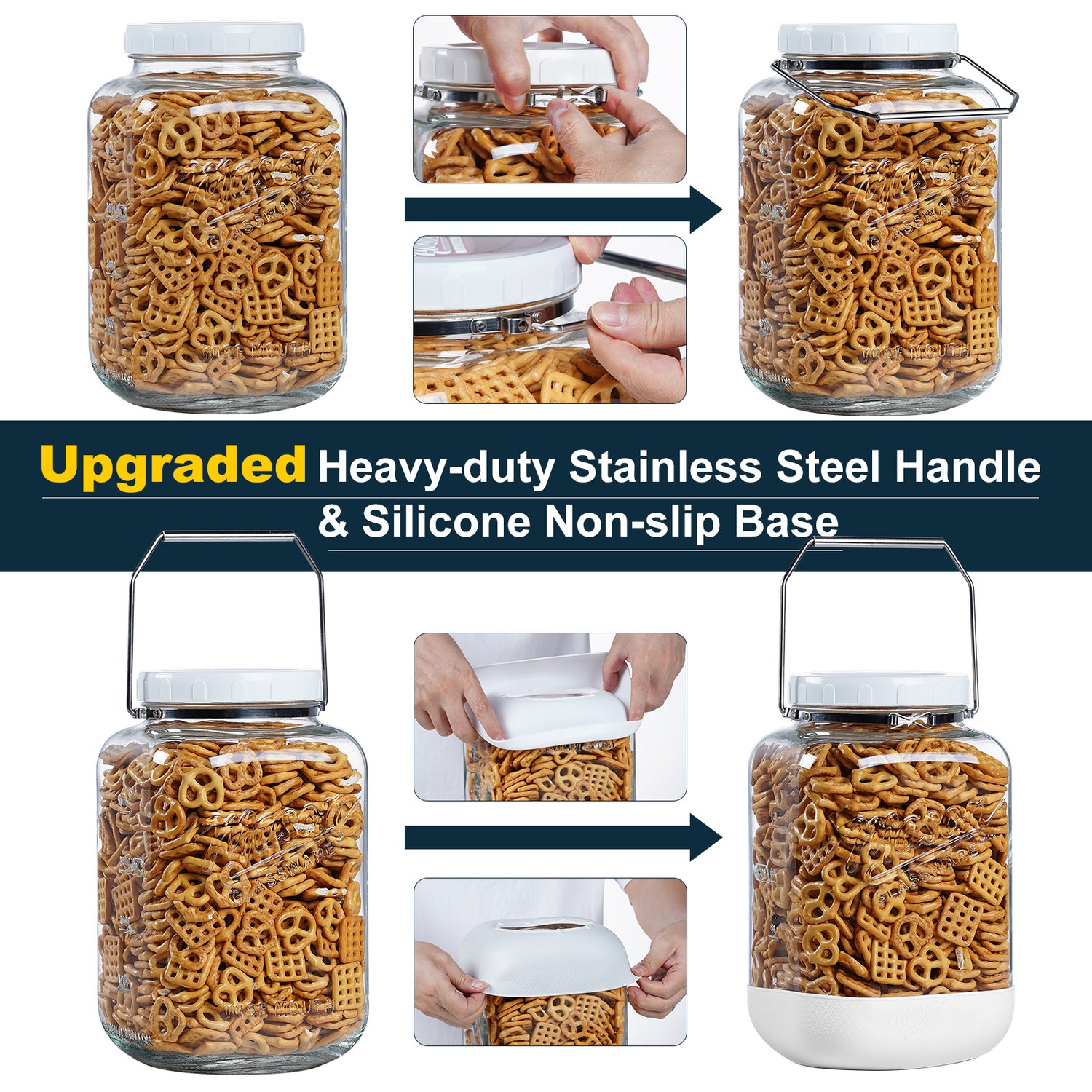 2 Pc 1.5 Gallon Square Mason Jar with Silicone Anti-slip Cover & Airtight Lid, Steel Removable Handle