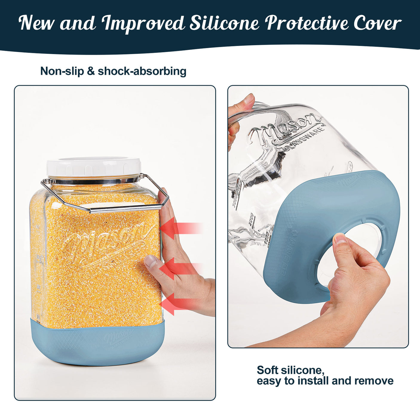 2 Pc 1.5 Gallon Square Mason Jar with Silicone Anti-slip Cover & Airtight Lid, Steel Removable Handle