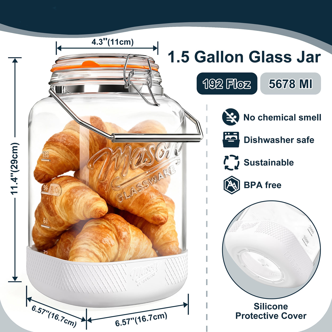 2 Pc 1 Gallon Glass Mason Jar with Silicone Anti-slip Cover & Airtight Glass Lid, Steel Removable Handle