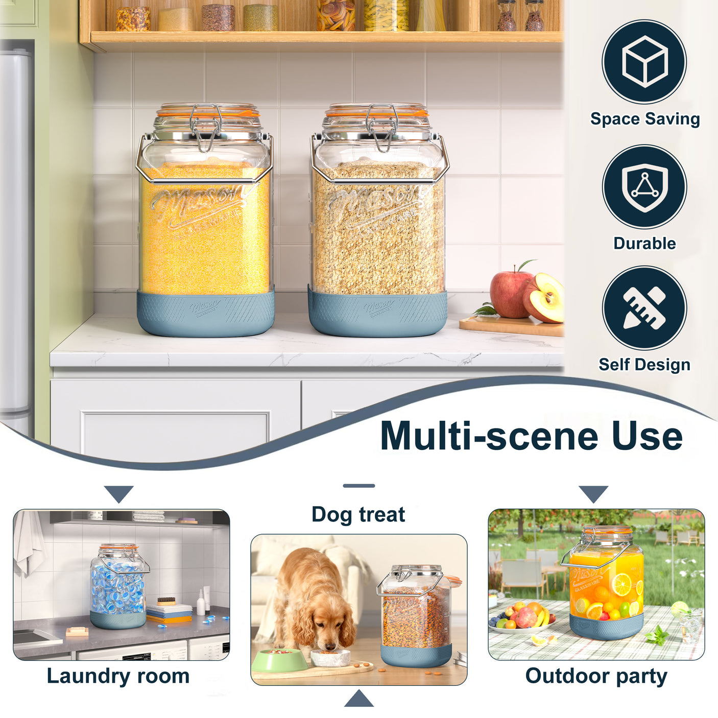 2 Pc 1.5 Gallon Glass Mason Jar with Silicone Anti-slip Cover & Airtight Glass Lid, Steel Removable Handle