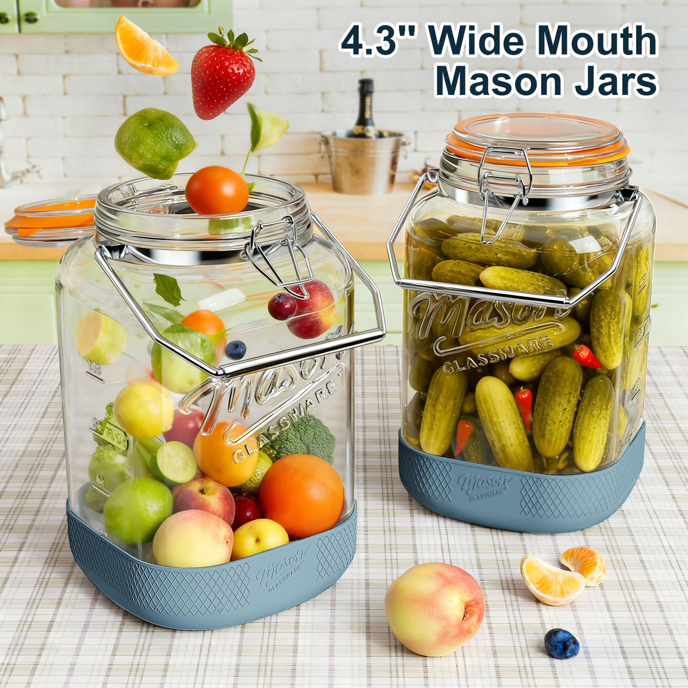 2 Pc 1.5 Gallon Glass Mason Jar with Silicone Anti-slip Cover & Airtight Glass Lid, Steel Removable Handle