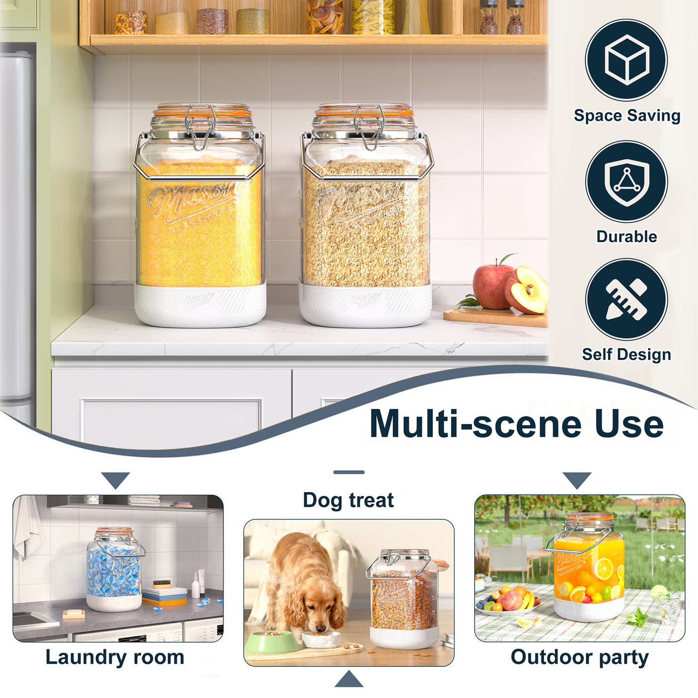 2 Pc 1 Gallon Glass Mason Jar with Silicone Anti-slip Cover & Airtight Glass Lid, Steel Removable Handle