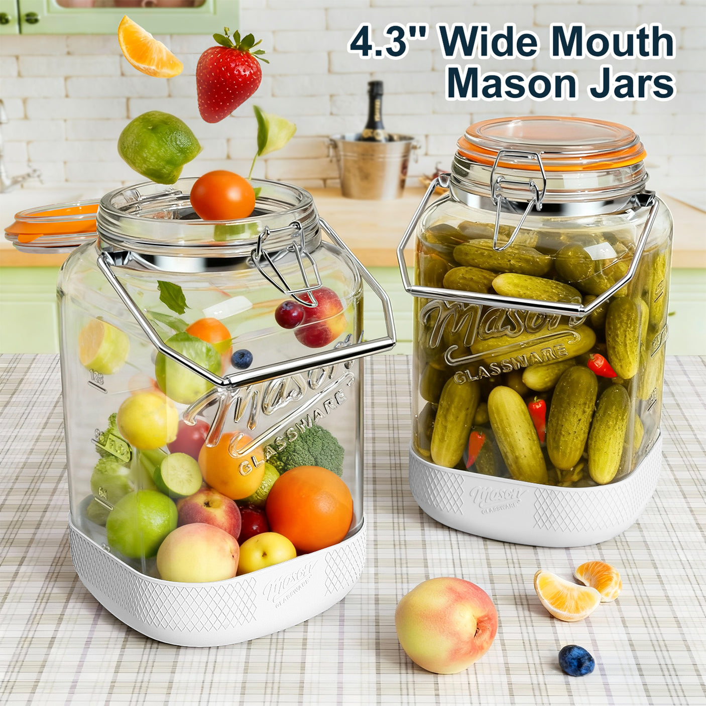 2 Pc 1 Gallon Glass Mason Jar with Silicone Anti-slip Cover & Airtight Glass Lid, Steel Removable Handle