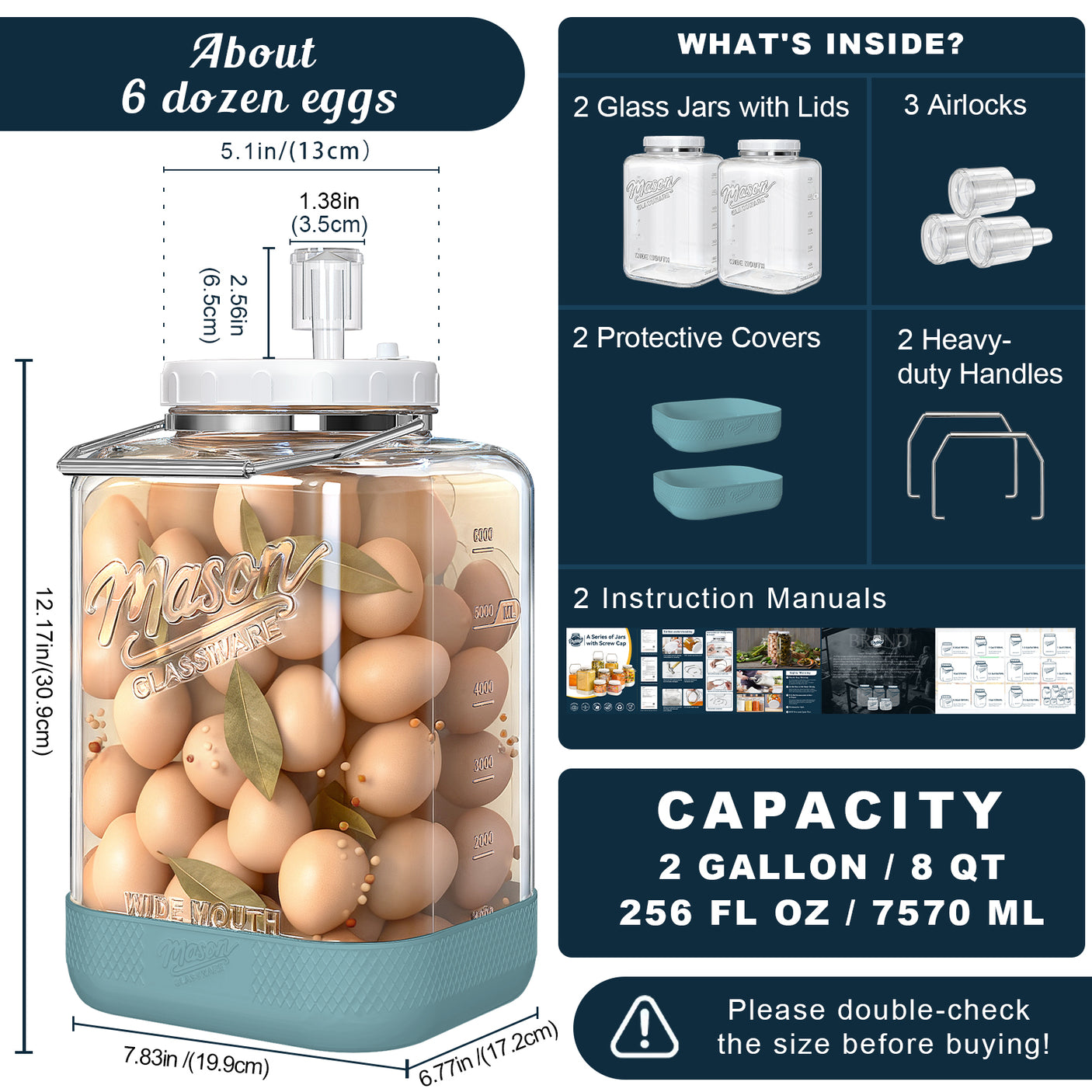 2 Pc 2 Gallon Fermentation Mason Jar with Blue Silicone Anti-slip Cover & Airlocks, Steel Removable Handle