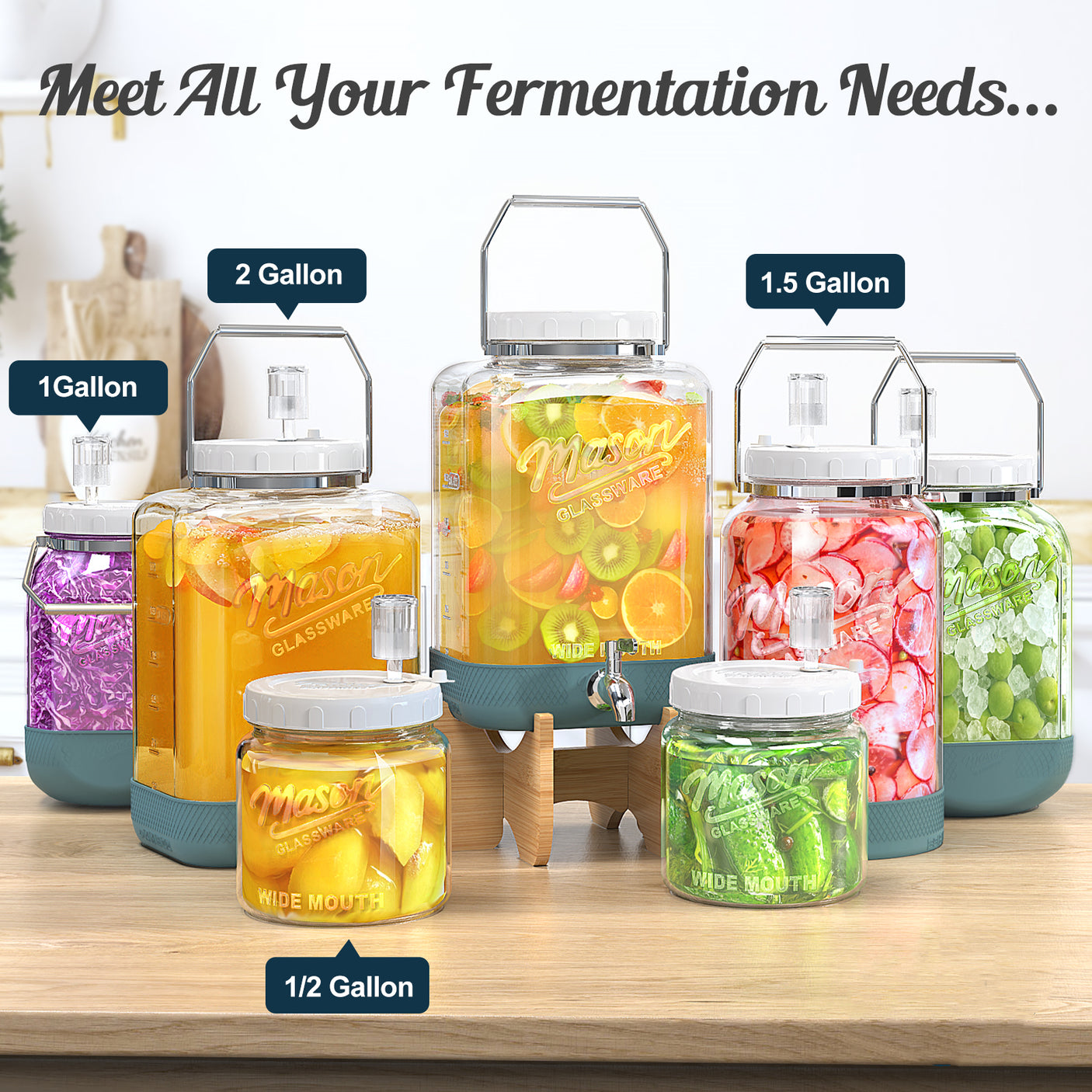 2 Pc 2 Gallon Fermentation Mason Jar with Blue Silicone Anti-slip Cover & Airlocks, Steel Removable Handle