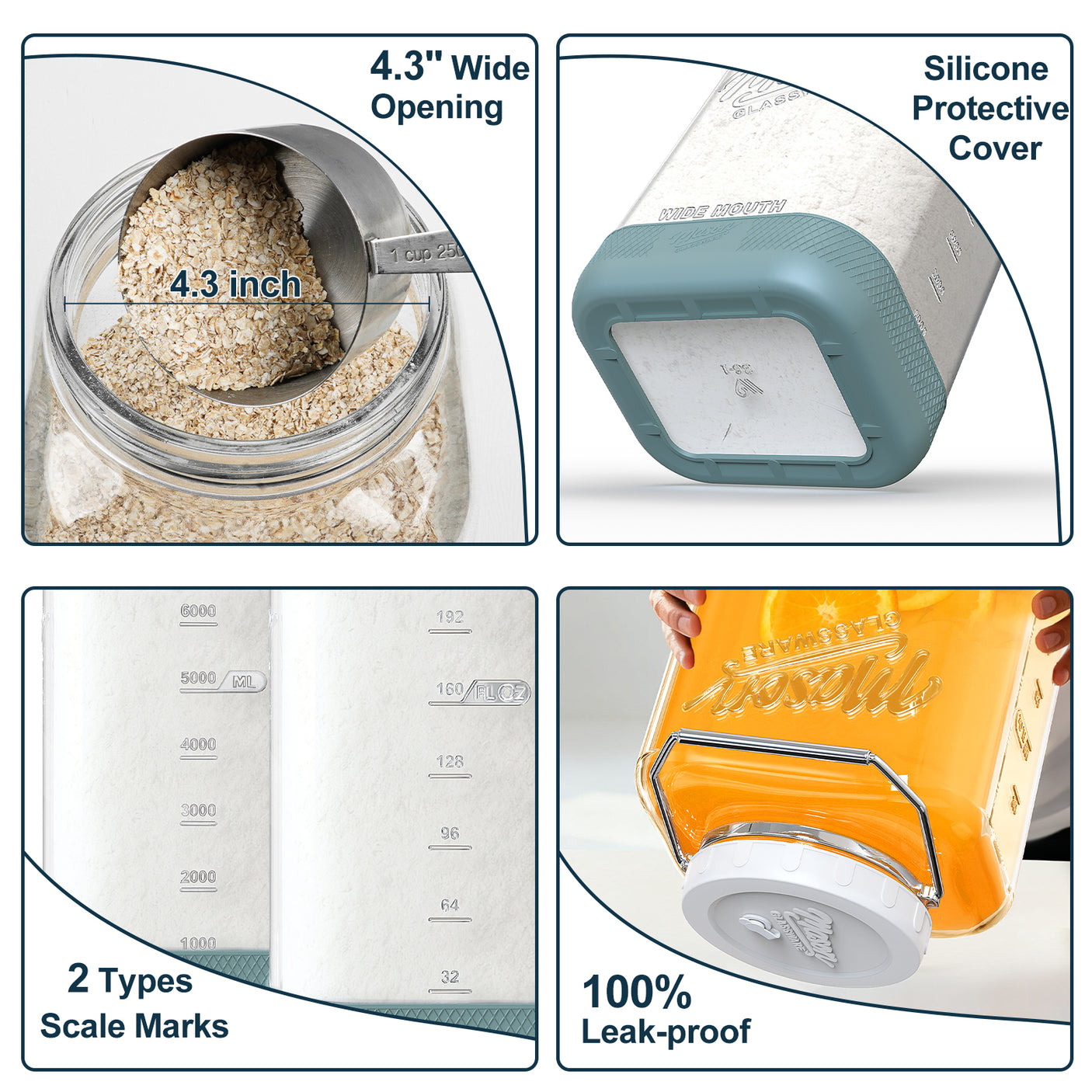 2 Pc 2 Gallon Fermentation Mason Jar with Blue Silicone Anti-slip Cover & Airlocks, Steel Removable Handle