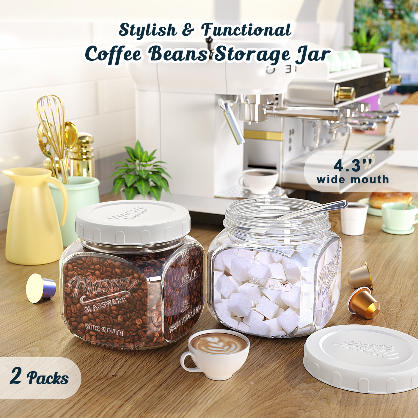 2 Pc 0.5 Gallon Square Mason Jar with Airtight Screw Lid